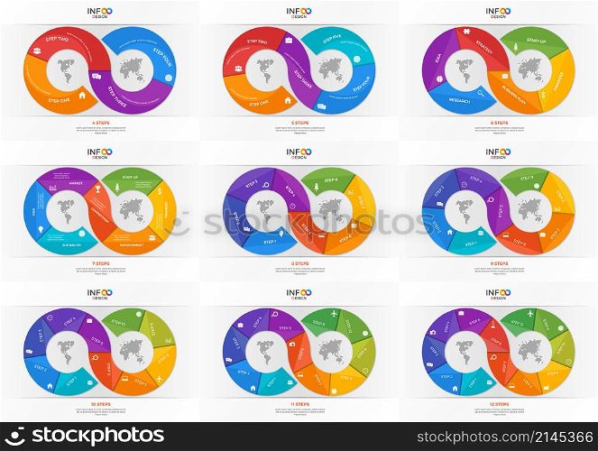 Set of infographic templates in the form of the infinity sign. Template for presentations, advertising, layouts, annual reports, web design etc. Set of infographic templates in the form of the infinity sign