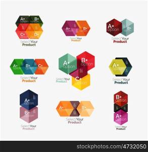 Set of infographic templates with text and options. Elements of business brochure, presentation and web design navigation layout