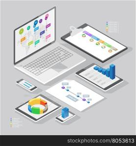 Set of infographics design elements on stationery and computer devices. Isometric style. Vector illustration.