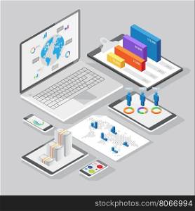 Set of infographics design elements on stationery and computer devices. Isometric style. Vector illustration.