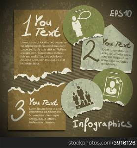 set of infographics from torn pieces of paper in vintage style scrapbooking