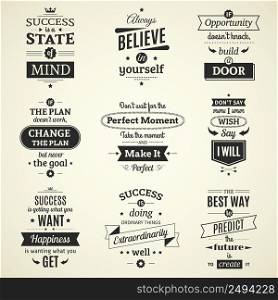 Set of inspiring success quotes typographical posters with creative life motivation and using monochrome fashioned font flat vector illustration. Success Quotes Typographical Posters