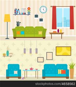 Set of Interiors of Living Rooms. Decoration of Modern Apartments. Illustration Set of Interiors of Living Rooms. Decoration of Modern Apartments. Minimalism Style. Home Furniture - Vector