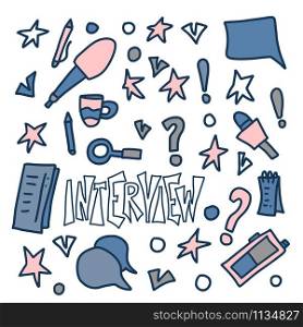 Set of interview tools in doodle style. Interview lettering with decoration design element. Banner template with text and journalism symbols. Vector conceptual illustration.
