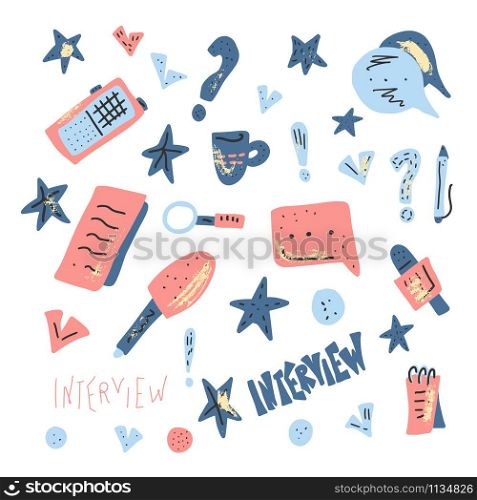 Set of interview tools in flat style isolated on white background. Interview lettering with decoration design elements. Banner template with text and journalism symbols. Vector illustration.