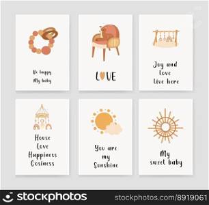 set of invitation cards for children with a sun, a rattle, a baby cot and a pacifier. congratulation. Vector illustration.. set of invitation cards for children with a sun, a rattle, a baby cot and a pacifier. congratulation. Vector illustration