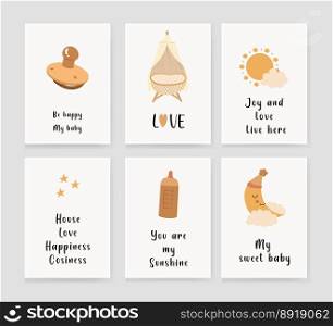 set of invitation cards for children with the moon, the sun, a baby cot and a pacifier. congratulation. Vector illustration. set of invitation cards for children with the moon, the sun, a baby cot and a pacifier. congratulation. Vector illustration.