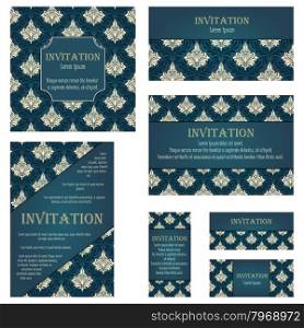 Set of Invitation Cards in Different Size and Formats. Elegant Royal Damask Rococo Style With Text Space. Vector Illustration.