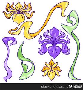 Set of iris flowers. Art Nouveau vintage style. Natural decorative plants.. Set of iris flowers. Art Nouveau vintage style.