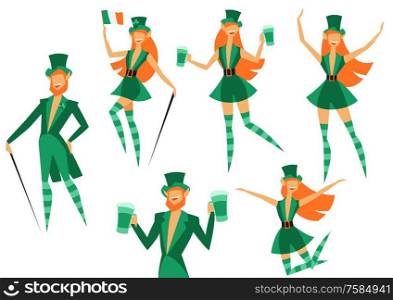 Set of Irish fantastic characters leprechauns. Saint Patricks Day celebration. Stylish men and girls in traditional costume.. Set of Irish fantastic characters leprechauns. Saint Patricks Day celebration.