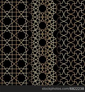 Set of Islamic gold oriental geometry seamless vector pattern. Muslim east culture background. Decorative backdrop for fabric, textile, wrapping paper, card, invitation, wallpaper, web design. Islamic geometry pattern