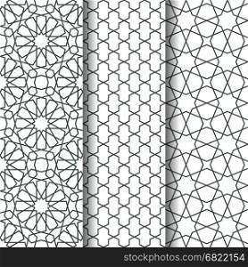 Set of Islamic oriental geometry seamless vector pattern. Muslim line art east culture background. Decorative backdrop for fabric, textile, wrapping paper, card, invitation, wallpaper, web design, coloring pages. Islamic geometry pattern