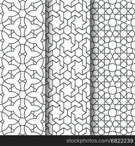 Set of Islamic oriental geometry seamless vector pattern. Muslim line art east culture background. Decorative backdrop for fabric, textile, wrapping paper, card, invitation, wallpaper, web design, coloring pages. Islamic geometry pattern