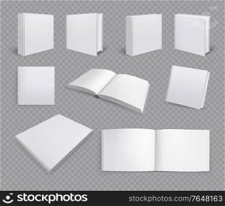 Set of isolated books albums mockup realistic images on transparent background with horizontal pages paint copybook vector illustration