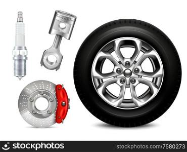 Set of isolated car parts realistic images with wheel spark plug engine piston and disk brake vector illustration