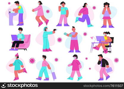 Set of isolated coronavirus icons with flat human characters of people washing hands running working home vector illustration