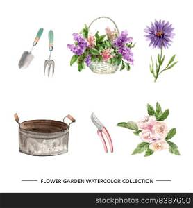 Set of isolated elements of flower garden watercolor illustration on white background.