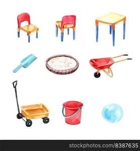 Set of isolated elements of watercolor playground illustration on white background.