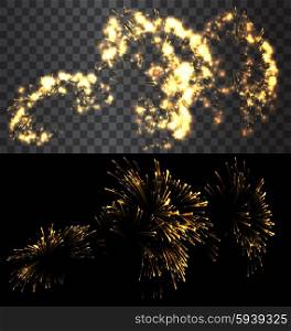 Set of isolated fireworks. Set of isolated golden fireworks on black and transparent backdrop - vector