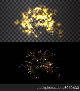 Set of isolated fireworks. Set of isolated golden fireworks on black and transparent backdrop - vector