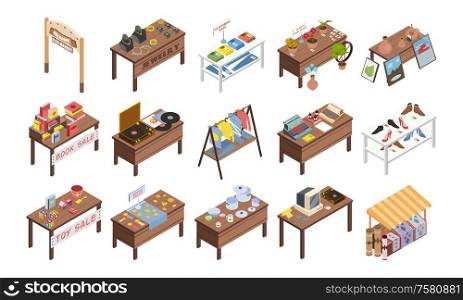 Set of isolated flea market garage isometric images with wooden tables and stalls with various goods vector illustration