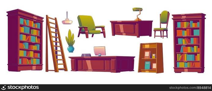 Set of isolated furniture for library room interior. Bookshelf, desk, armchair and home office object cartoon illustration. Bookstore elements with wooden shelves, ladder, plant and work table.. Isolated furniture set for library room interior