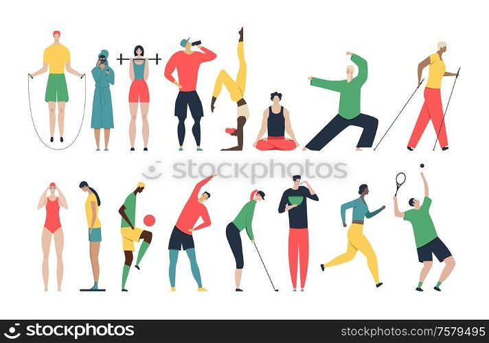 Set of isolated healthy lifestyle flat and faceless human characters with gymnastic equipment on blank background vector illustration
