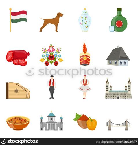 Set of isolated hungary flat decorative icons with pieces of folk art traditional food and architecture vector illustration. Hungary Travel Icon Set