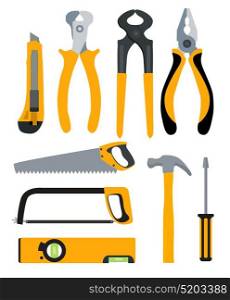 Set of Isolated Icons Building Tools for Repair. Pliers, nippers, saw, knife, hammer, screwdriver and level. Flat Modern Style. Vector Illustration EPS10. Set of Isolated Icons Building Tools for Repair. Pliers, nippers