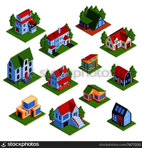 Set of isolated isometric private town houses on blank background with modern architecture low-rise buildings vector illustration