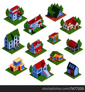 Set of isolated isometric private town houses on blank background with modern architecture low-rise buildings vector illustration