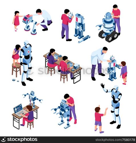 Set of isolated isometric robotics kids education icons with compositions of android robots children and adults vector illustration