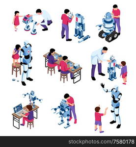 Set of isolated isometric robotics kids education icons with compositions of android robots children and adults vector illustration