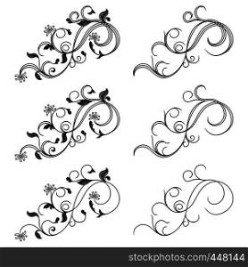 Set of isolated ornamental design elements with leaves, flowers and butterflies, vector illustration
