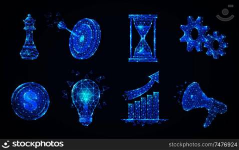 Set of isolated polygonal wireframe business strategy shining icons made of glittering particles and geometric figures vector illustration
