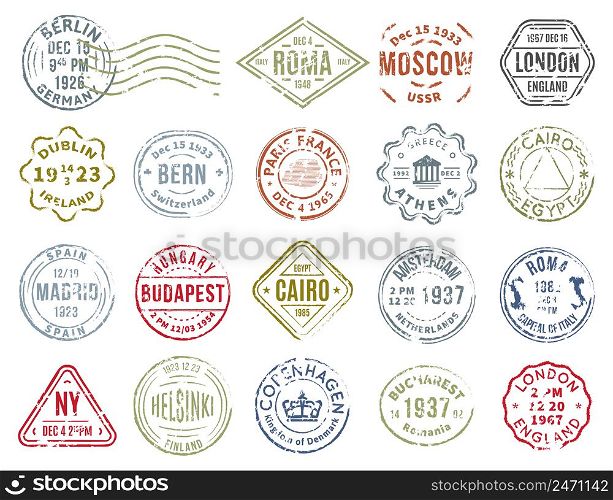 Set of isolated postal stamps of various shape color and different departure cities flat vector illustration. Colorful Postal Stamps Set