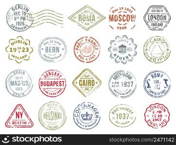 Set of isolated postal stamps of various shape color and different departure cities flat vector illustration. Colorful Postal Stamps Set