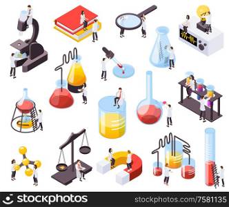 Set of isolated science isometric recolor icons and images of people with pieces of laboratory equipment vector illustration