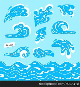 Set of isolated sea or ocean wave, splashes of water and seamless pattern marine stream. Tidal gale shape with foam.. Set of isolated sea or ocean wave, splashes of water and seamless pattern marine stream. Tidal gale shape with foam. Vector illustration.