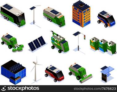 Set of isolated smart urban ecology isometric icons with futuristic transport units buildings and solar batteries vector illustration