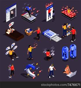 Set of isolated social network addiction isometric icons with conceptual images of people addicted to social media vector illustration