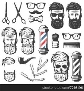 Set of isolated vintage barber hipster emblem elements with barbershop professional tools blades and male head vector illustration. Vintage Barber Elements Set