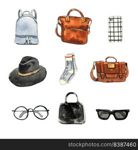 Set of isolated watercolor bag, sock, sunglasses illustration for decorative use.