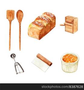 Set of isolated watercolor bread, scoop illustration for decorative use.