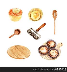 Set of isolated watercolor Chinese pastry illustration for decorative use.