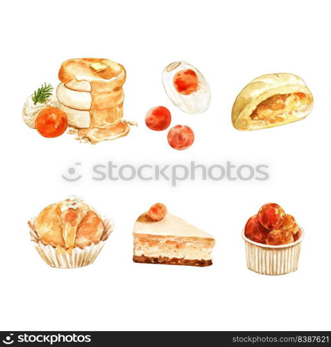 Set of isolated watercolor pancake, stuffed bread illustration for decorative use.