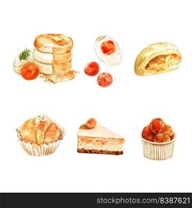 Set of isolated watercolor pancake, stuffed bread illustration for decorative use.