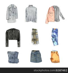 Set of isolated watercolor scarf, sweater, coat, jeans illustration for decorative use.