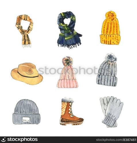 Set of isolated watercolor scarf, wool hat, gloves illustration for decorative use.