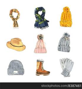 Set of isolated watercolor scarf, wool hat, gloves illustration for decorative use.
